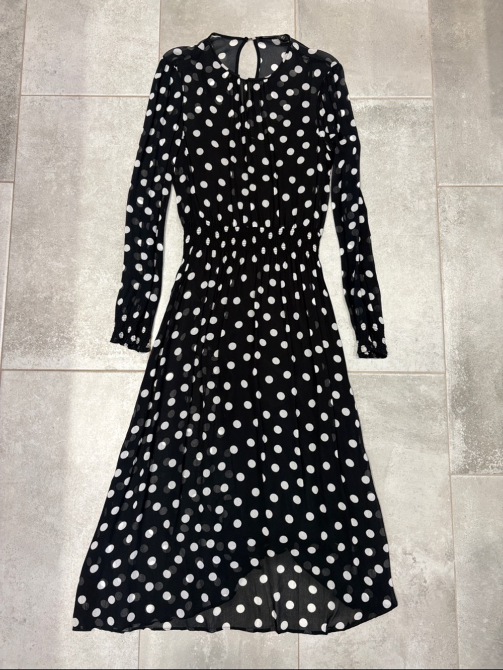 Black Polka Dot Sheet Long Sleeve Maxi Dress, XS
